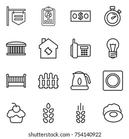 thin line icon set : shop signboard, report, money, stopwatch, airport building, smart house, phone, bulb, crib, fence, kettle, ring button, cupcake, spikelets, soap