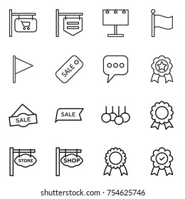 thin line icon set : shop signboard, billboard, flag, sale, message, medal, store