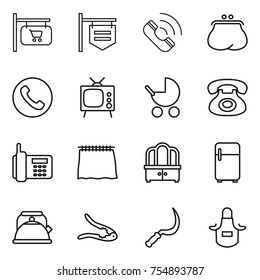 thin line icon set : shop signboard, call, purse, phone, tv, baby stroller, curtain, dresser, fridge, kettle, walnut crack, sickle, apron