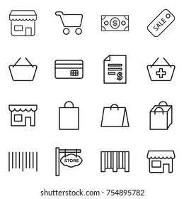 thin line icon set : shop, cart, money, sale, basket, credit card, account balance, add to, shopping bag, bar code, store signboard
