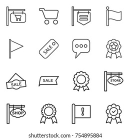 thin line icon set : shop signboard, cart, flag, sale, message, medal, store, important