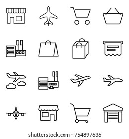 thin line icon set : shop, plane, cart, basket, store, shopping bag, atm receipt, journey, mall, garage