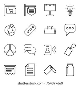 thin line icon set : shop signboard, billboard, bulb, circle diagram, sale, shopping bag, message, discussion, pass card, label, atm receipt, document, bank