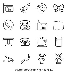 thin line icon set : shop signboard, rocket, call, bow, phone, curtain, table, tv, fridge, walnut crack, sickle, windmill