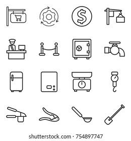 thin line icon set : shop signboard, around gear, dollar coin, loading, customs control, vip fence, safe, water tap, fridge, kitchen scales, handle, garlic clasp, walnut crack, ladle, shovel