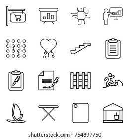 thin line icon set : shop signboard, presentation, chip, cardio, stairs, clipboard, pen, inventory, pallet, surfer, windsurfing, iron board, cutting, utility room