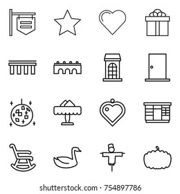 thin line icon set : shop signboard, star, heart, gift, bridge, building, door, disco ball, restaurant, pendant, wardrobe, rocking chair, goose, scarecrow, pumpkin