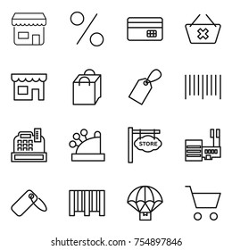 thin line icon set : shop, percent, credit card, delete cart, shopping bag, label, bar code, cashbox, store signboard, mall, parachute delivery