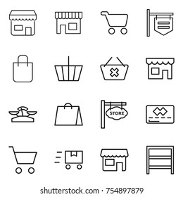 thin line icon set : shop, cart, signboard, shopping bag, basket, delete, scales, store, credit card, fast deliver, rack