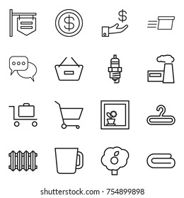 thin line icon set : shop signboard, dollar, investment, delivery, discussion, remove from basket, spark plug, factory, baggage trolley, cart, flower in window, hanger, radiator, cup, garden, towel