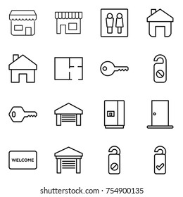thin line icon set : shop, wc, home, plan, key, do not distrub, garage, fridge, door, welcome mat, please clean