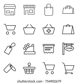 thin line icon set : shop, shopping bag, cart, basket, add to, label, cashbox, atm receipt, store signboard