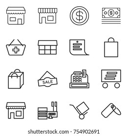 thin line icon set : shop, dollar, money, add to basket, market, shopping list, bag, sale, cashbox, delivery, mall, trolley, label