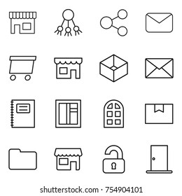 thin line icon set : shop, share, mail, delivery, box, copybook, window, arch, package, documents, unlocked, door