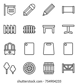 thin line icon set : shop signboard, pencil, fence, table, dresser, cutting board, trees, wheel, barrel, farm