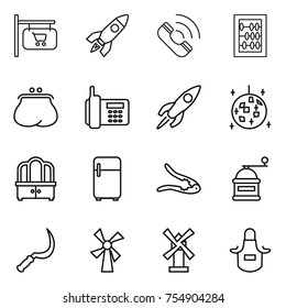 thin line icon set : shop signboard, rocket, call, abacus, purse, phone, disco ball, dresser, fridge, walnut crack, hand mill, sickle, windmill, apron