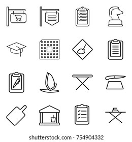 thin line icon set : shop signboard, clipboard, chess horse, graduate hat, cpu, under construction, pen, windsurfing, iron board, cutting, utility room, list