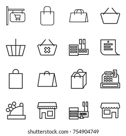 thin line icon set : shop signboard, shopping bag, basket, delete cart, store, list, cashbox, mall