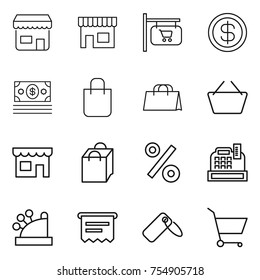 thin line icon set : shop, signboard, dollar, money, shopping bag, basket, percent, cashbox, atm receipt, label, cart