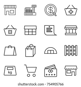 thin line icon set : shop, cashbox, dollar arrow, add to basket, delete cart, market, shopping list, bag, hangare, pallet, heavy, credit card