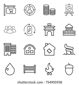 thin line icon set : shop signboard, target audience, coin stack, presentation, group, battery charge, arch, cottage, houses, house, smart, aquapark, drop, crib, fire, acorn