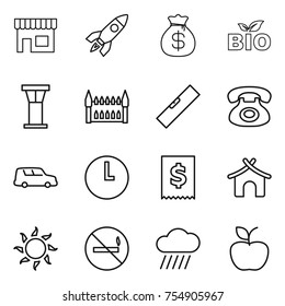 thin line icon set : shop, rocket, money bag, bio, airport tower, gothic architecture, level, phone, car shipping, clock, tax, bungalow, sun, no smoking, rain cloud, apple