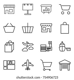 thin line icon set : shop, billboard, presentation, cart, basket, shopping bag, journey, mall, port, consolidated cargo, airplane, garage