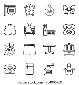 thin line icon set : shop signboard, alarm clock, rocket, bow, purse, tv, church, phone, disco ball, curtain, table, dresser, fridge, hand mill, apron