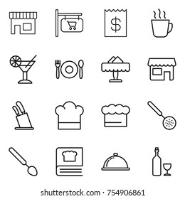 thin line icon set : shop, signboard, receipt, hot drink, cocktail, cafe, restaurant, stands for knives, cook hat, chief, skimmer, big spoon, cooking book, meal cap, wine