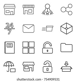 thin line icon set : shop, share, 24 7, mail, delivery, box, copybook, window, unlock, documents, insurance, unlocked, package