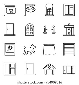 thin line icon set : shop signboard, building, window, door, arch, vip fence, detector, photo, dog, curtain, rack, barn, clean