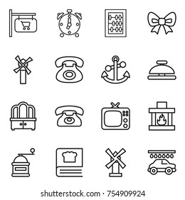 thin line icon set : shop signboard, alarm clock, abacus, bow, windmill, phone, anchor, service bell, dresser, tv, fireplace, hand mill, cooking book, car wash