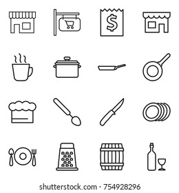 thin line icon set : shop, signboard, receipt, hot drink, pan, chief hat, big spoon, knife, plates, fork plate, grater, barrel, wine