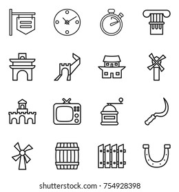 thin line icon set : shop signboard, clock, stopwatch, column, arch, greate wall, japanese house, windmill, fort, tv, hand mill, sickle, barrel, fence, horseshoe