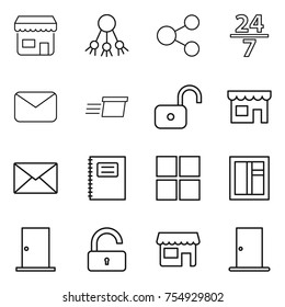 thin line icon set : shop, share, 24 7, mail, delivery, unlock, copybook, window, door