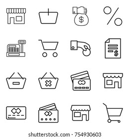 thin line icon set : shop, basket, money gift, percent, cashbox, cart, hand coin, account balance, remove from, delete, credit card
