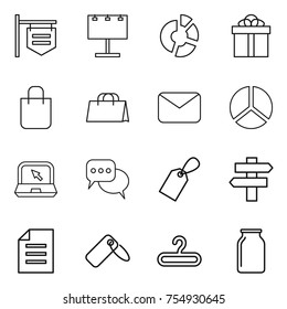 thin line icon set : shop signboard, billboard, circle diagram, gift, shopping bag, mail, notebook, discussion, label, singlepost, document, hanger, bank