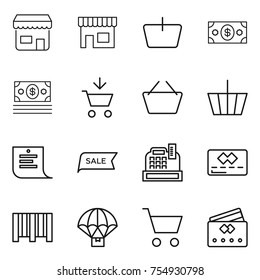 thin line icon set : shop, basket, money, add to cart, shopping list, sale, cashbox, credit card, bar code, parachute delivery