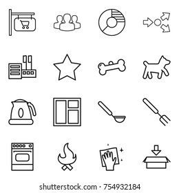 thin line icon set : shop signboard, group, circle diagram, core splitting, store, star, bone, dog, kettle, window, ladle, big fork, oven, fire, wiping, package