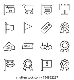 thin line icon set : shop signboard, cart, billboard, flag, sale, medal, important
