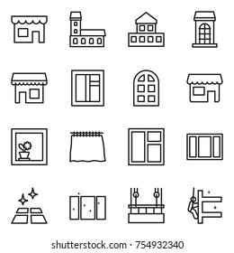 thin line icon set : shop, mansion, cottage, building, window, arch, flower in, curtain, clean floor, skysrcapers cleaning, skyscrapers