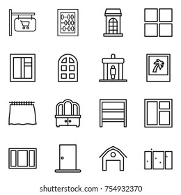 thin line icon set : shop signboard, abacus, building, window, arch, detector, photo, curtain, dresser, rack, door, barn, clean