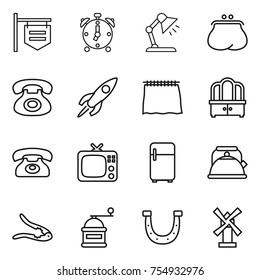 thin line icon set : shop signboard, alarm clock, table lamp, purse, phone, rocket, curtain, dresser, tv, fridge, kettle, walnut crack, hand mill, horseshoe, windmill