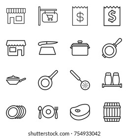 thin line icon set : shop, signboard, receipt, cutting board, pan, skimmer, salt pepper, plates, fork spoon plate, steake, barrel