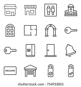 thin line icon set : shop, wc, mansion, arch window, plan, key, fridge, door, bell, welcome mat, garage, do not distrub, please clean