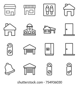 thin line icon set : shop, wc, home, mansion, house with garage, door, do not distrub, fridge, bell, please clean