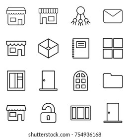 thin line icon set : shop, share, mail, box, copybook, window, door, arch, documents, unlocked