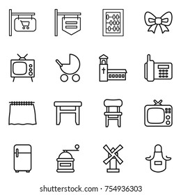thin line icon set : shop signboard, abacus, bow, tv, baby stroller, church, phone, curtain, stool, chair, fridge, hand mill, windmill, apron