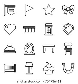 thin line icon set : shop signboard, flag, star, bow, heart, bridge, building, pendant, service bell, mirror, table, chair, crib, floor lamp, cupcake, horseshoe