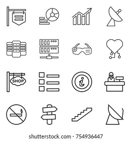 thin line icon set : shop signboard, diagram, satellite antenna, server, smart glasses, cardio chip, list, info, reception, no smoking, signpost, stairs